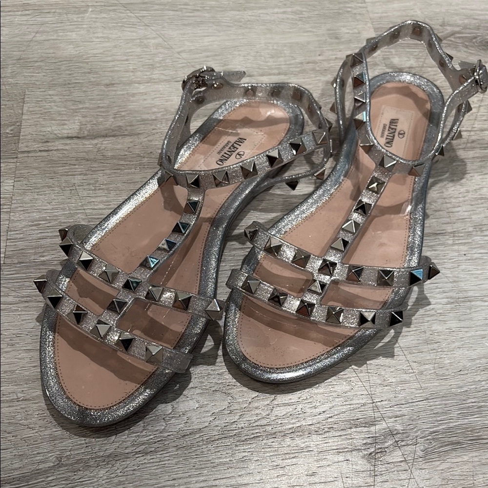 Valentino Silver Studded Sandals with Strappy Design